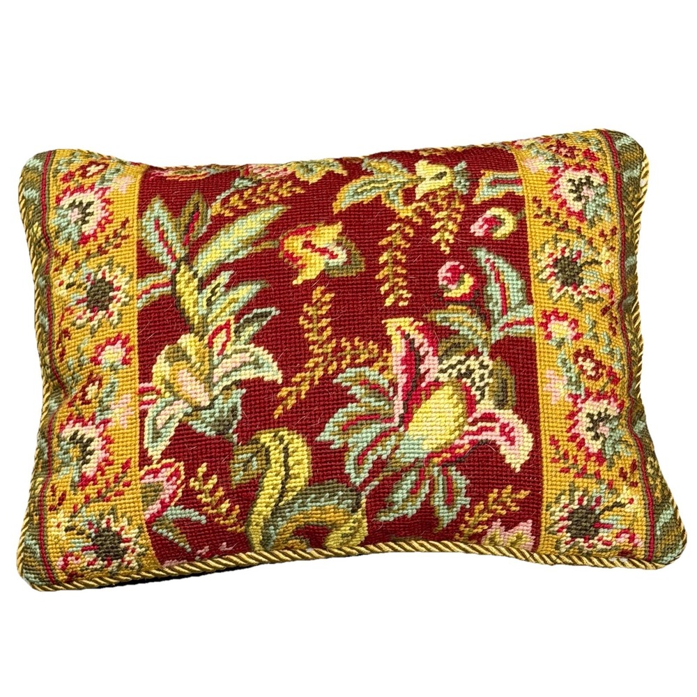 Vintage Needlepoint Floral Tapestry Pillow 11x14 Red Gold Rope Trim Velvet Back